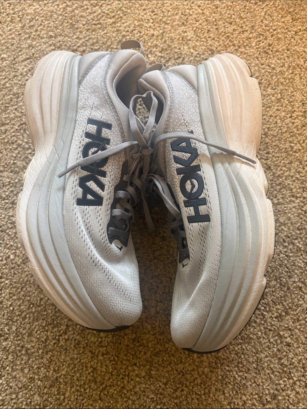 Mens Hoka Bondi 8 White and Gray Cushioned Running Sneakers